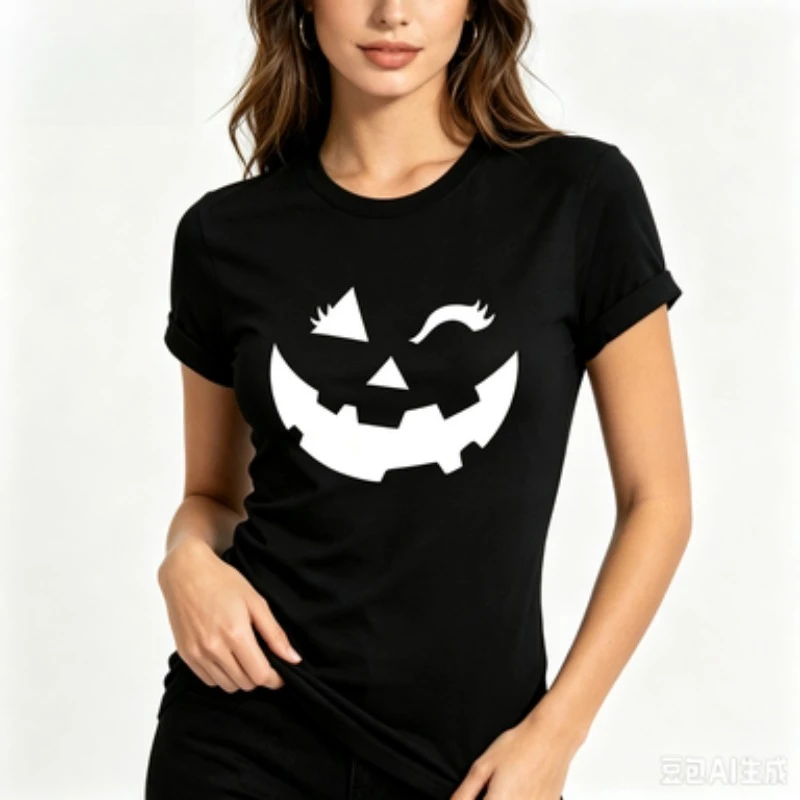 Female Slim Tshirt Sweet Winking Pumpkin Face Pattern Jack-o'-lantern Design Halloween Party Streetwear Casual Short Sleeve Top