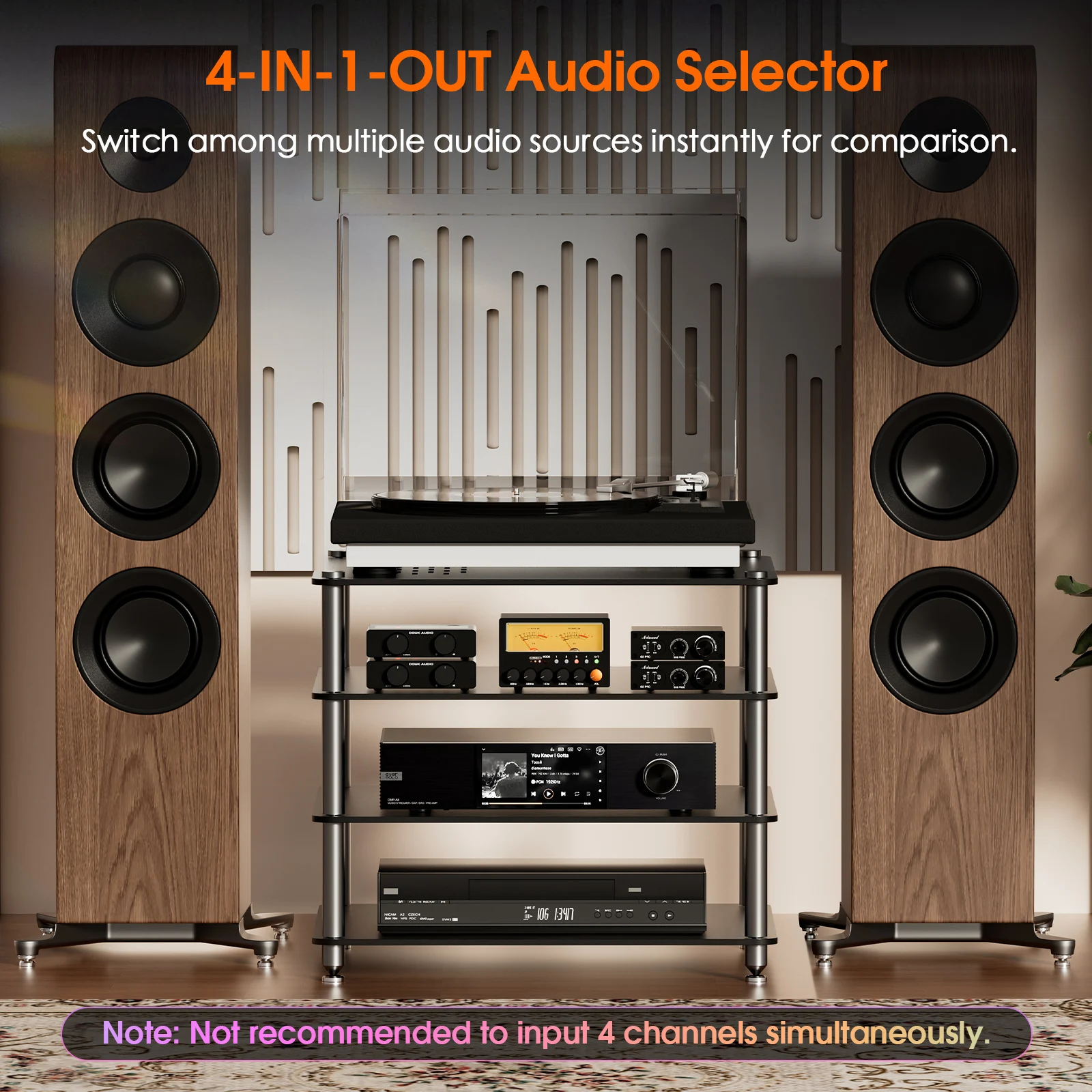 Nobsound D5 ستيريو 5-Band EQ Preamp التعادل 1-IN-4-OUT / 4-IN-1-OUT محدد الصوت مع مقياس VU الرجعية