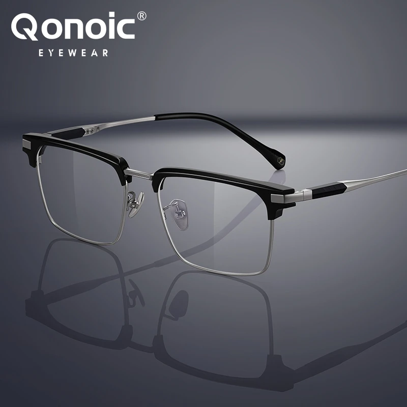 

QONOIC Square Glasses Frame Browline Titanium Eyeglasses Modern Fashion Design Spectacle Blue Light Blocking AT06511