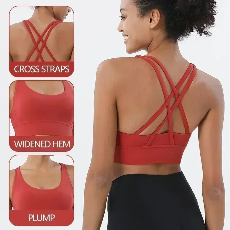 Lemon Comfy Wide Hem Sports Bra For Women Gym Back Cross Strappy Fitness Vest Wirefree Padded Medium Support Yoga BrasTop