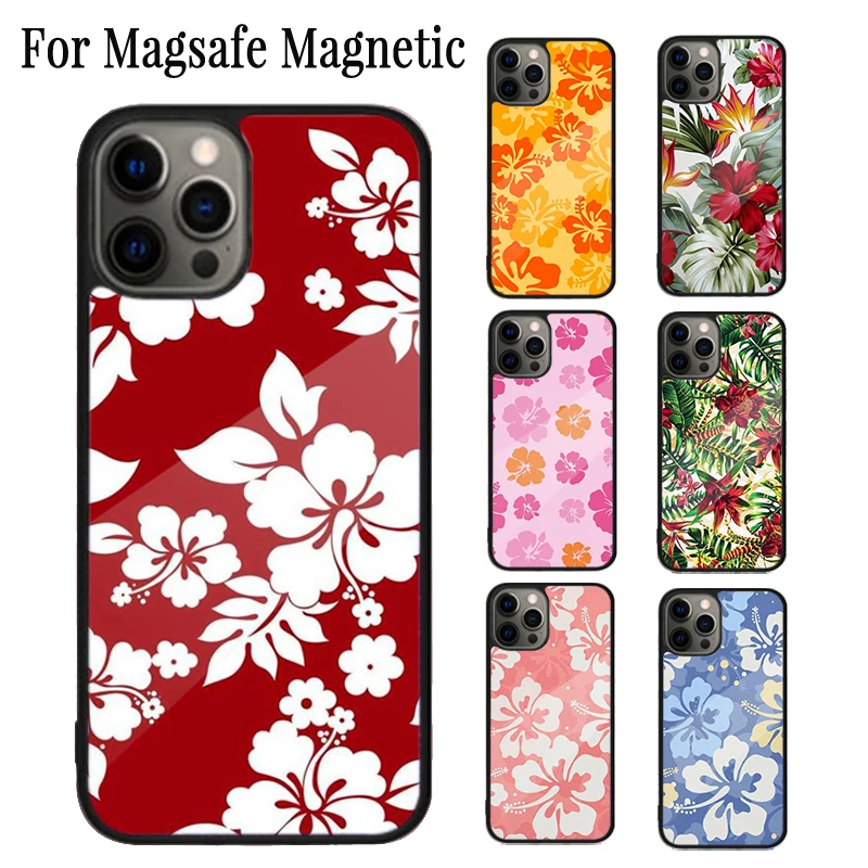 Tropical aloha Hibiscus Pattern Magnetic Phone Case For iPhone 16 15 14 Plus 13 12 Mini 11 Pro Max Magsafe Wireless Cover