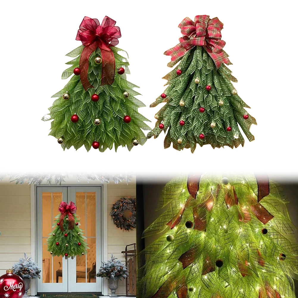 Handgemaakte Kerstkrans Hangers met Strik & Bal Grote Kerstboom Bloemenkrans Garland Lichtgevende Krans Voordeur Decoratie