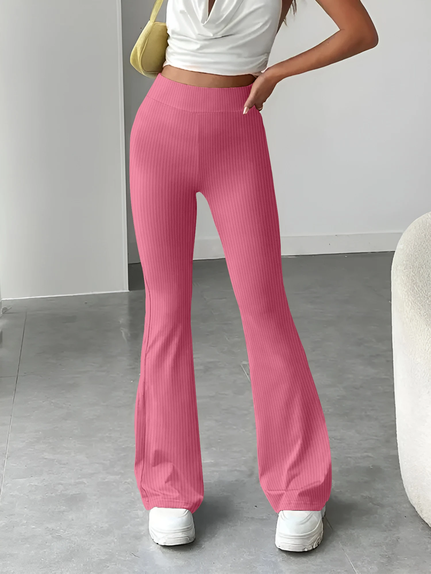 High-waist knitted flare casual pants for women, slim-fitting, flattering, versatile long pants