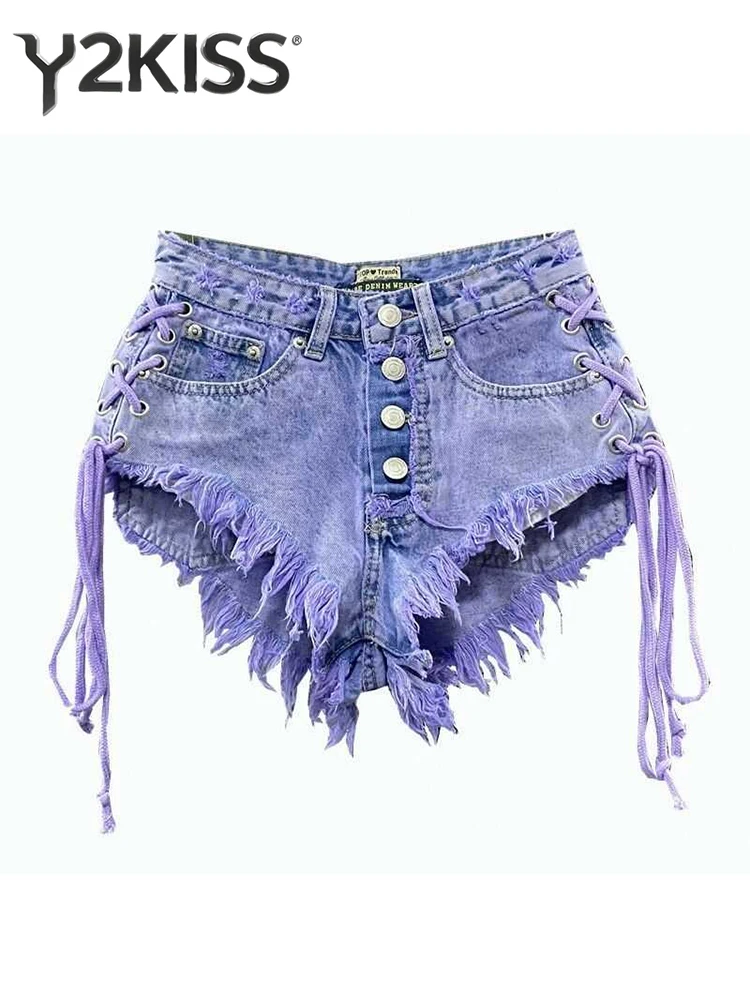 

2026 Summer Women American Retro Tassels Jean Shorts Kpop Goblin Core Design Denim Shorts Y2K 2000s Japanese Harajuku Hot Pants