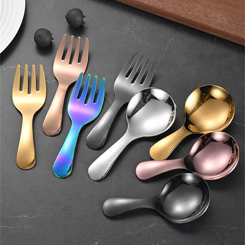 304 Stainless Steel Small Round Teaspoons with Short Handle Tableware for Children Thickened Dessert Tea Coffee Scoop Cute