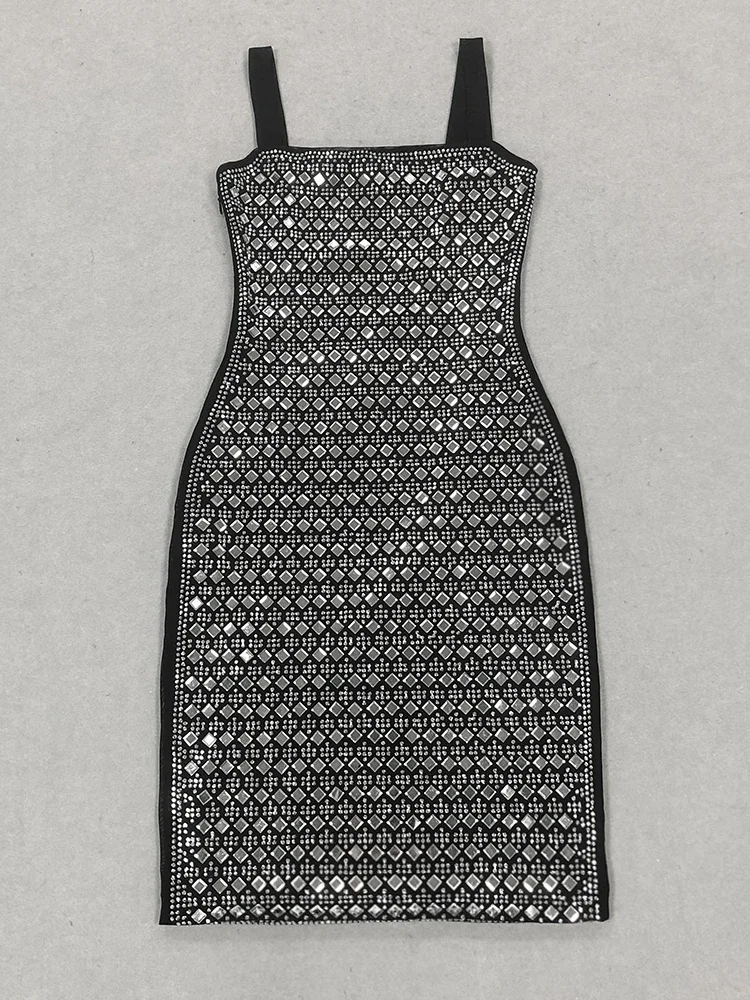 Sexy Träger, quadratischer Kragen, glänzende Diamanten, Verbandkleid für Damen, schwarz, ärmellos, rückenfrei, Kristall, figurbetonte Kleider, Abendclub