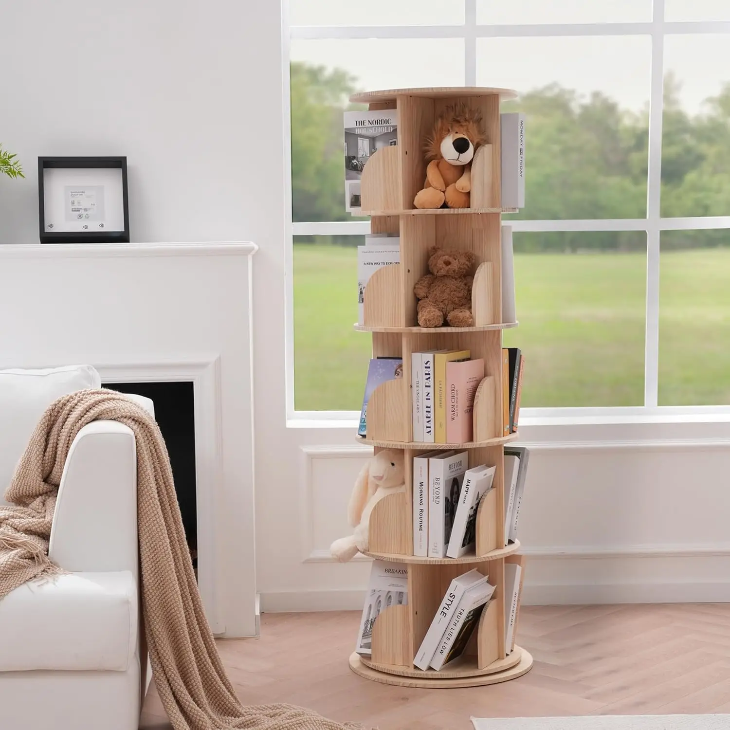 رف كتب دوار 5 طبقات، 360 درجة °   خزانة كتب أرضية، منظم من الخشب الصلب لغرفة الأطفال، غرفة المعيشة، غرفة النوم