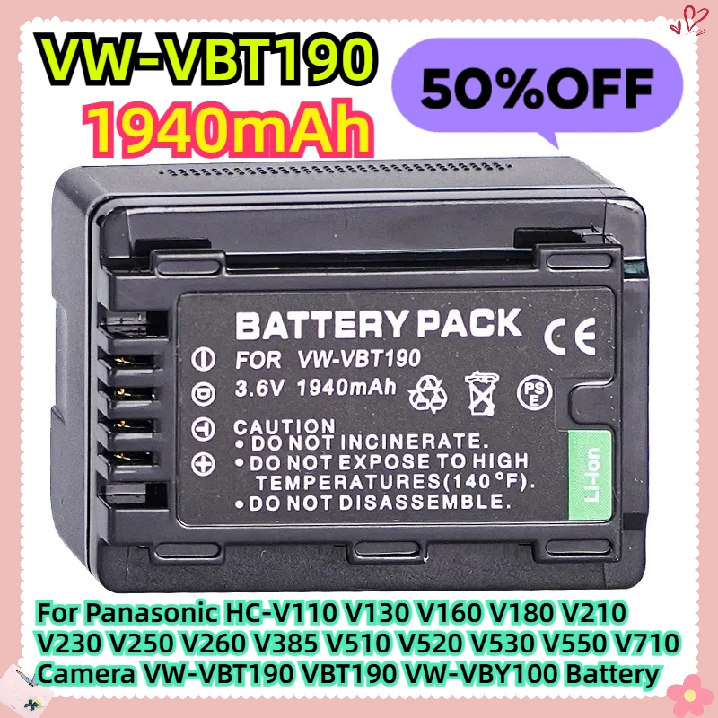 

For Panasonic HC-V110 V130 V160 V180 V210 V230 V250 V260 V385 V510 V520 V530 V550 V710 Camera VW-VBT190 VBT190 VW-VBY100 Battery