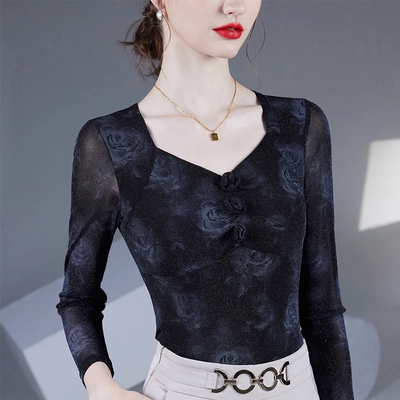 M-4XL Autumn 2025 New Fashion Rose Print Women\'s Tops Elegant Slim High Stretch Square Collar Long Sleeved Mesh T-Shirt