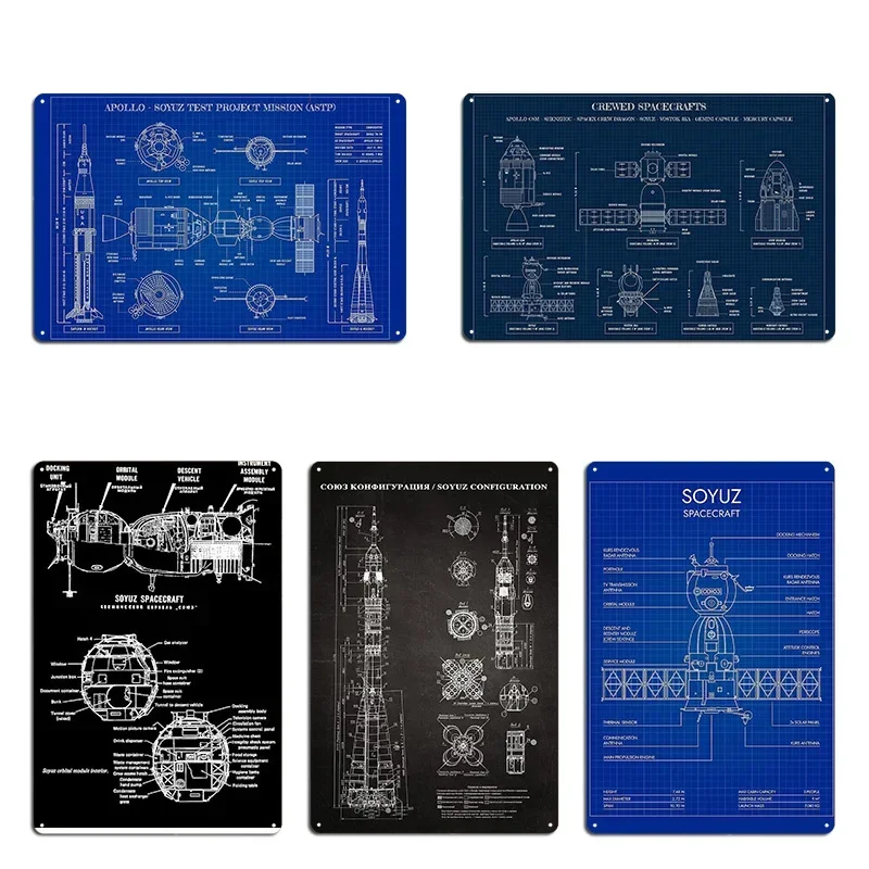 Soyuz Soyuz Blueprint in High Resolution Apollo Soyuz Test Project  ASTP Metal Mural Pub Bar Cave Printed Bar Tin Sign Poster