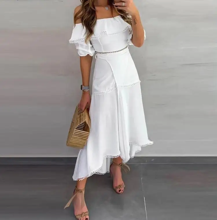 Conjuntos de 3 peças de saia feminina, ternos casuais, top fora do ombro, gola slash, renda, saia irregular, roupas de escritório, conjunto de verão 2025