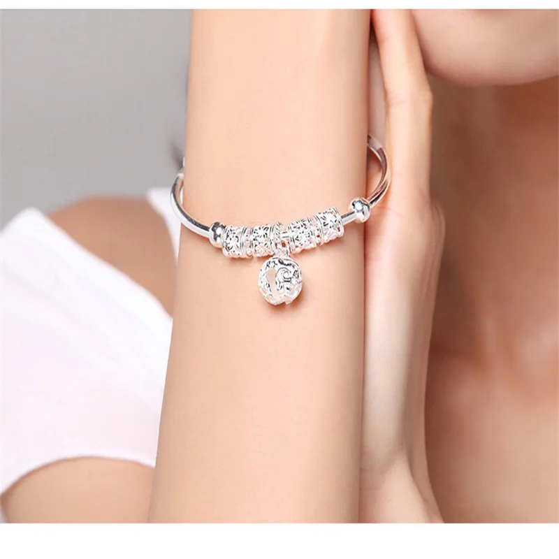 Elegant Ladies 999 Fine Silver Sliding Adjustable Bangle Smooth Polished Tube Four Hollow Floral Carved Beads Vintage Tinkling B