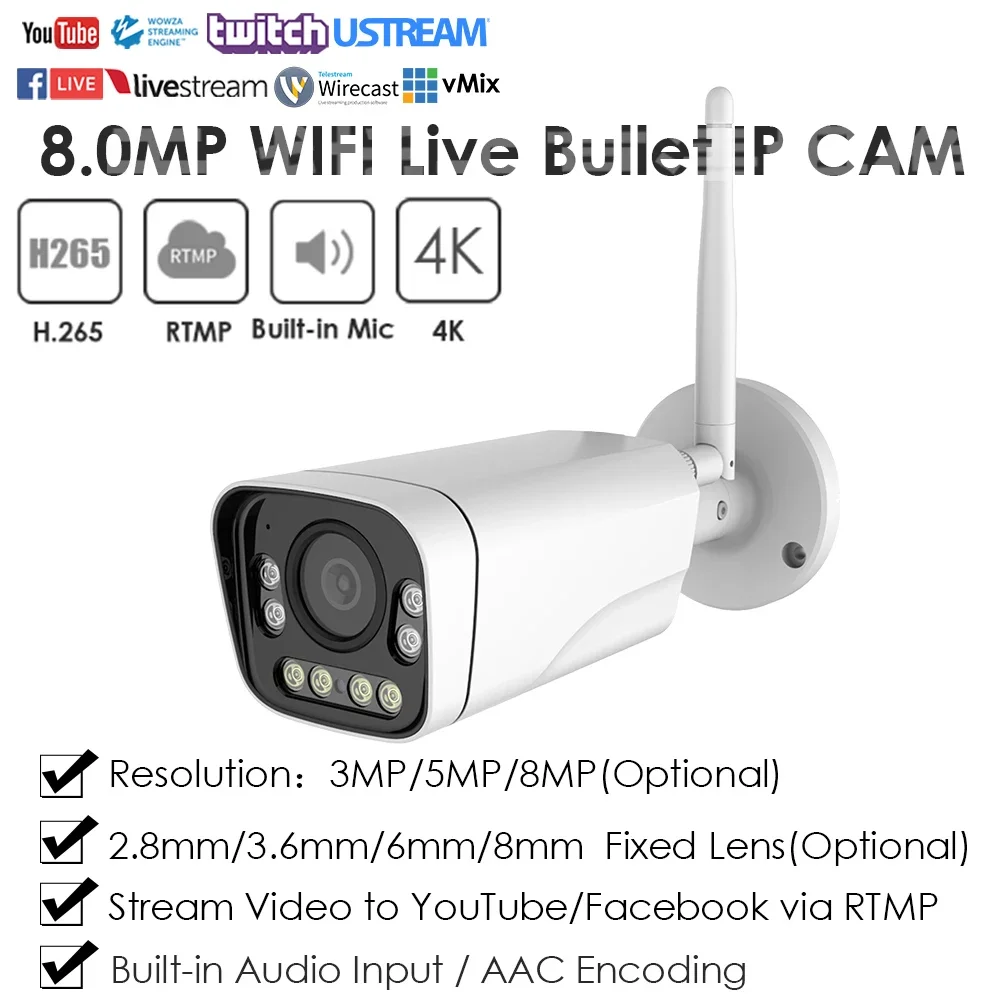 

Беспроводная Wi-Fi RTMP IP-камера 4K 8MP IMX415 полноцветная прямая трансляция Push-видео в YouTube Facebook Twitter Onvif для улицы и помещений