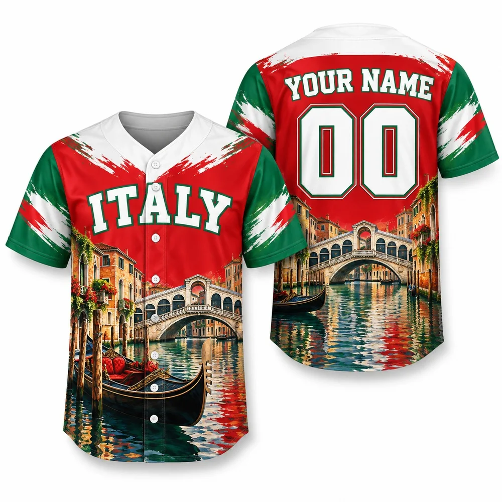 Italy Jerseys Shirt Brings Venice and Rome Art to a Tricolor Baseball Jersey with Short Sleeve Button Up Heritage Shirts