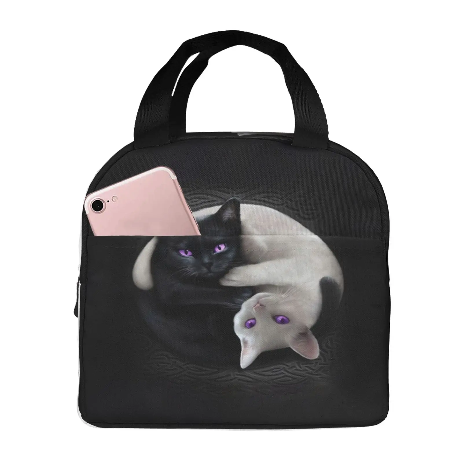 Moon Phases Yin and Yang Cats Lunch Bags Insulated Bento Box Lunch Tote Leakproof Picnic Bags Thermal Bag for Woman Girl School