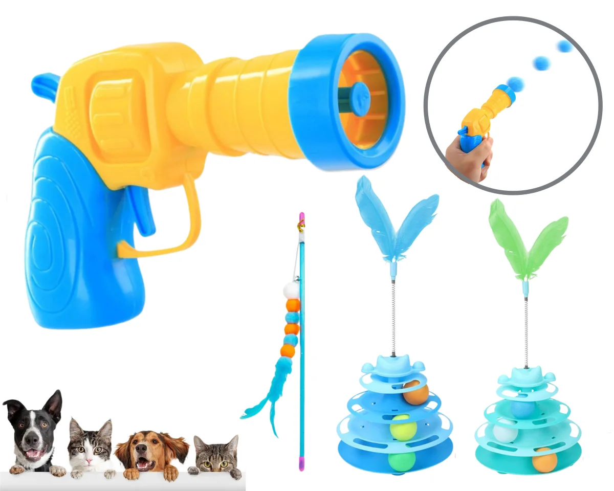 Katzenspielzeug-Kollektion: Plüschball-Wurfgerät für Hauskatzen, Interaktive Schießpistole mit Leisem, Hochspringendem Ball zum Katzenscheren