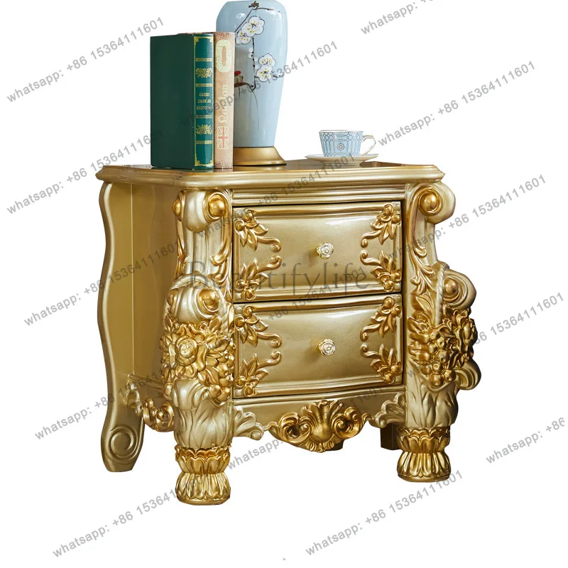 

European storage bedside table, luxury bedroom gold solid wood carving flower bedside table