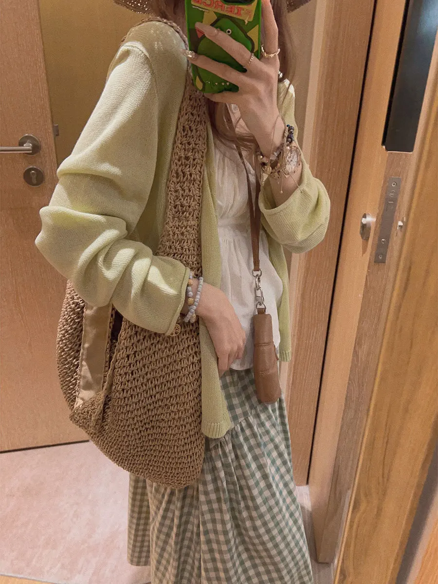 

Легкий дышащий кардиган Yukiss из льна и шелка, вязаный, свободного кроя, в корейском стиле, однотонный, для повседневной носки