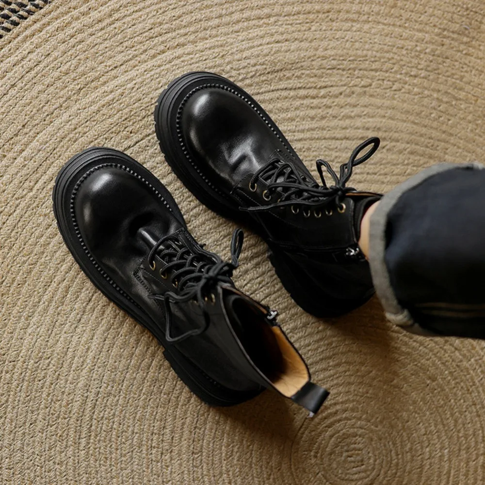 2026 Spring Retro Korean Style Women's Leather Shoes, Round Toe Lace-Up for Business Work