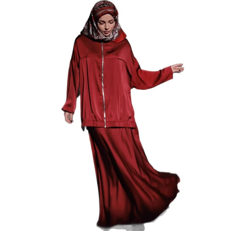 2025New Satin Sleeve Fashion Waist-Cinching Draped Long Dress Set Women