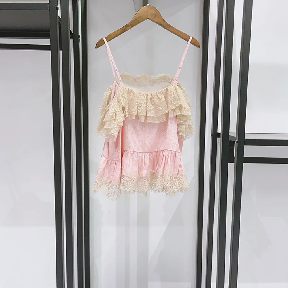 Vintage Lace Ruffle Camisole Top for Women Cotton Blend Spaghetti Strap Peplum Cami Y2K Cute Summer Blouse Tank Top   4 Colors
