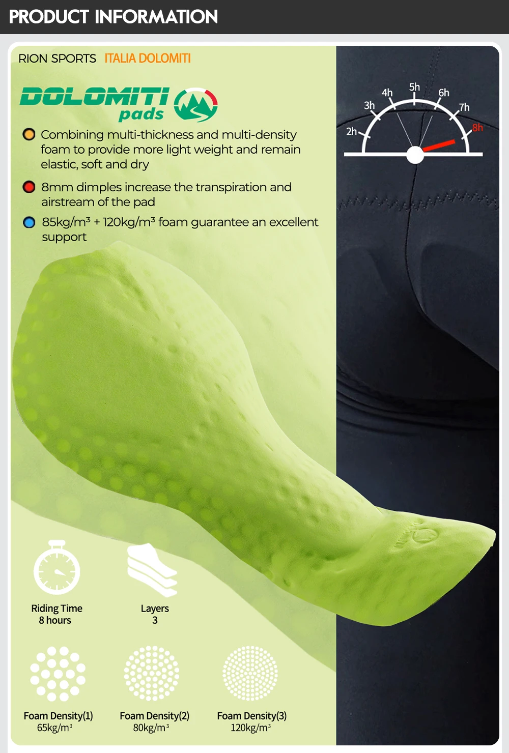 RION Herren Radsport-Trägerhose Fahrradhose MTB-Tights Rennrad-Trägerhose Winddicht Italienische Dolomiti-Polster Herbstbekleidung 6 8H – Detail 4