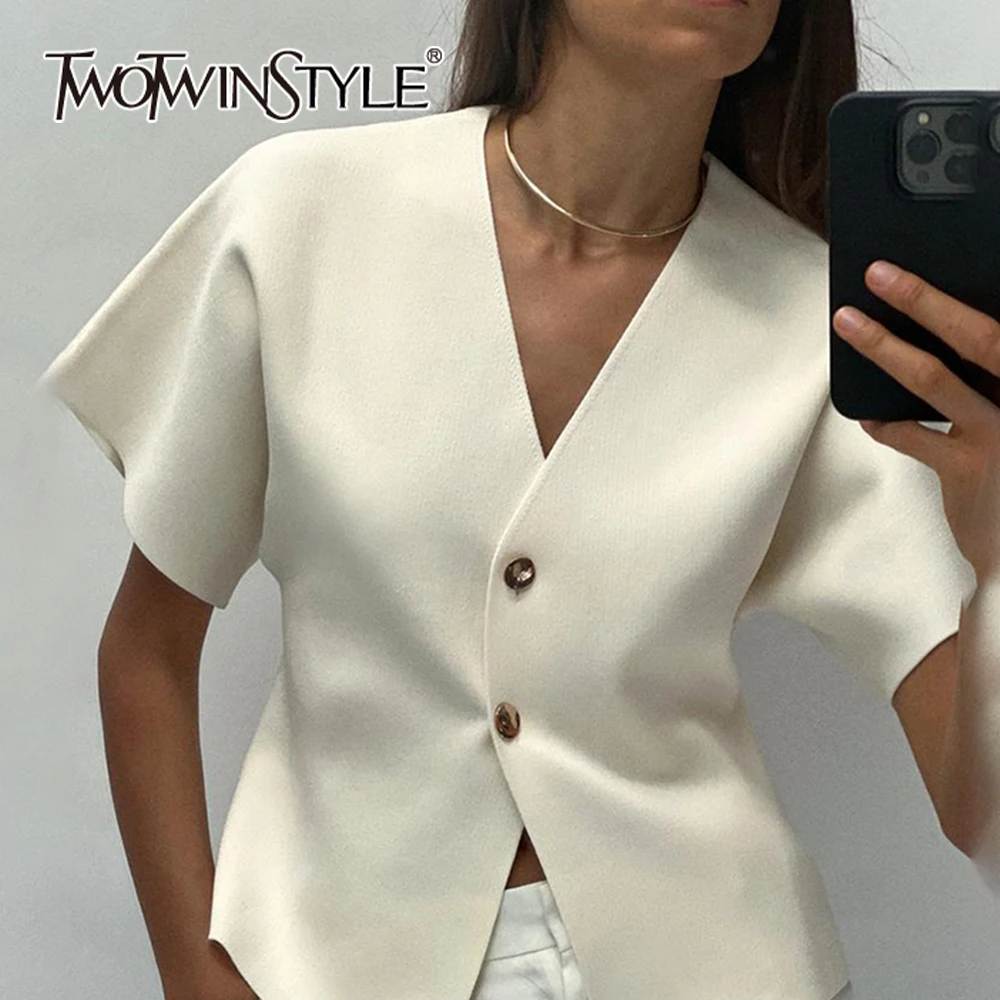 

TWOTWINSTYLE Solid Minimalist Tops For Women V Neck Short Sleeve Patchwork Buttons Slimming Chic Vest Female Fashion New Clothes