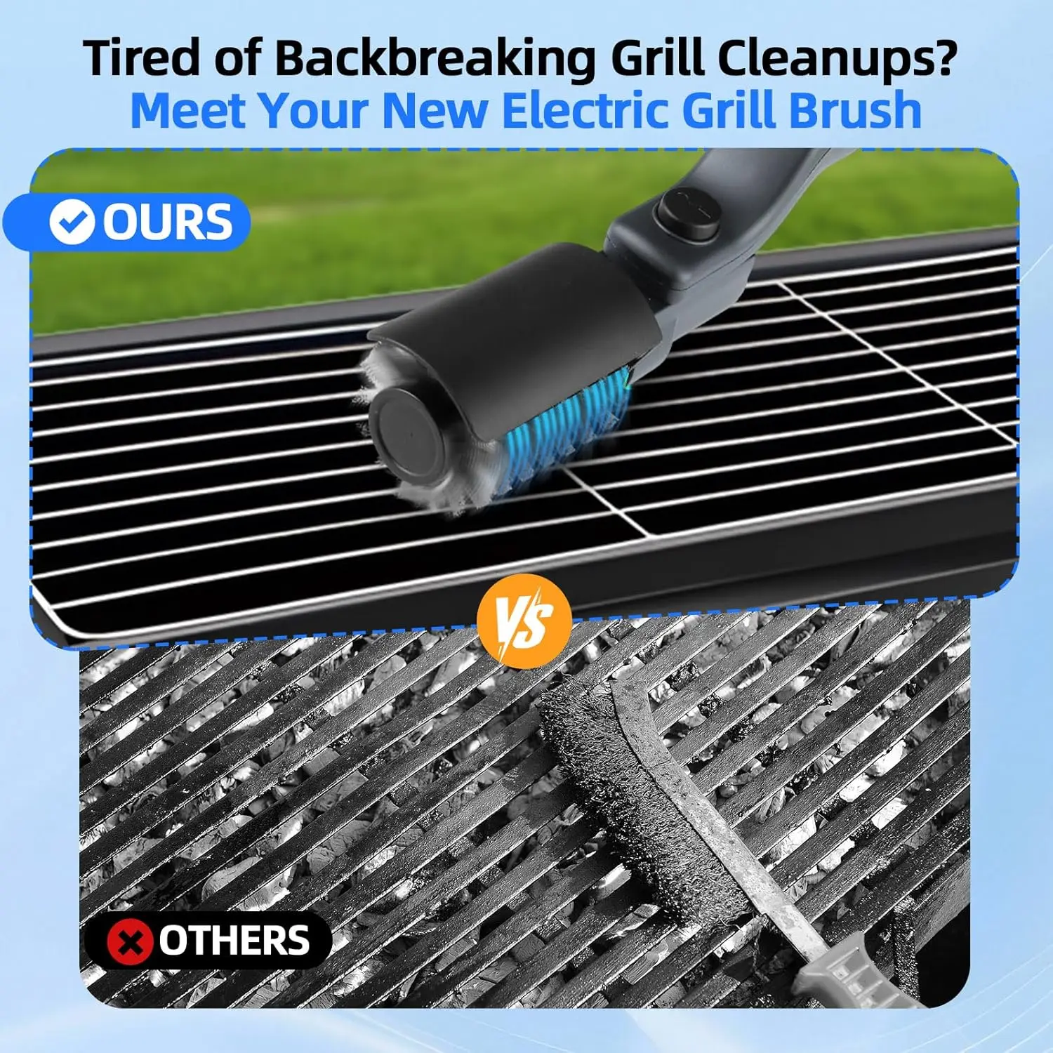 Electric Grill Brush, Cordless Adjustable Angle, Stainless Steel Brush Head, 3-Level Cleaning, 90-Minute Run Time, Waterproof