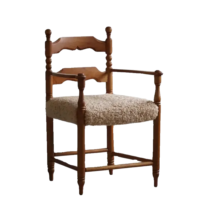 

Medieval solid wood carving flower armrest book chair household lamb wool fabric backrest dining chair retro living room chair