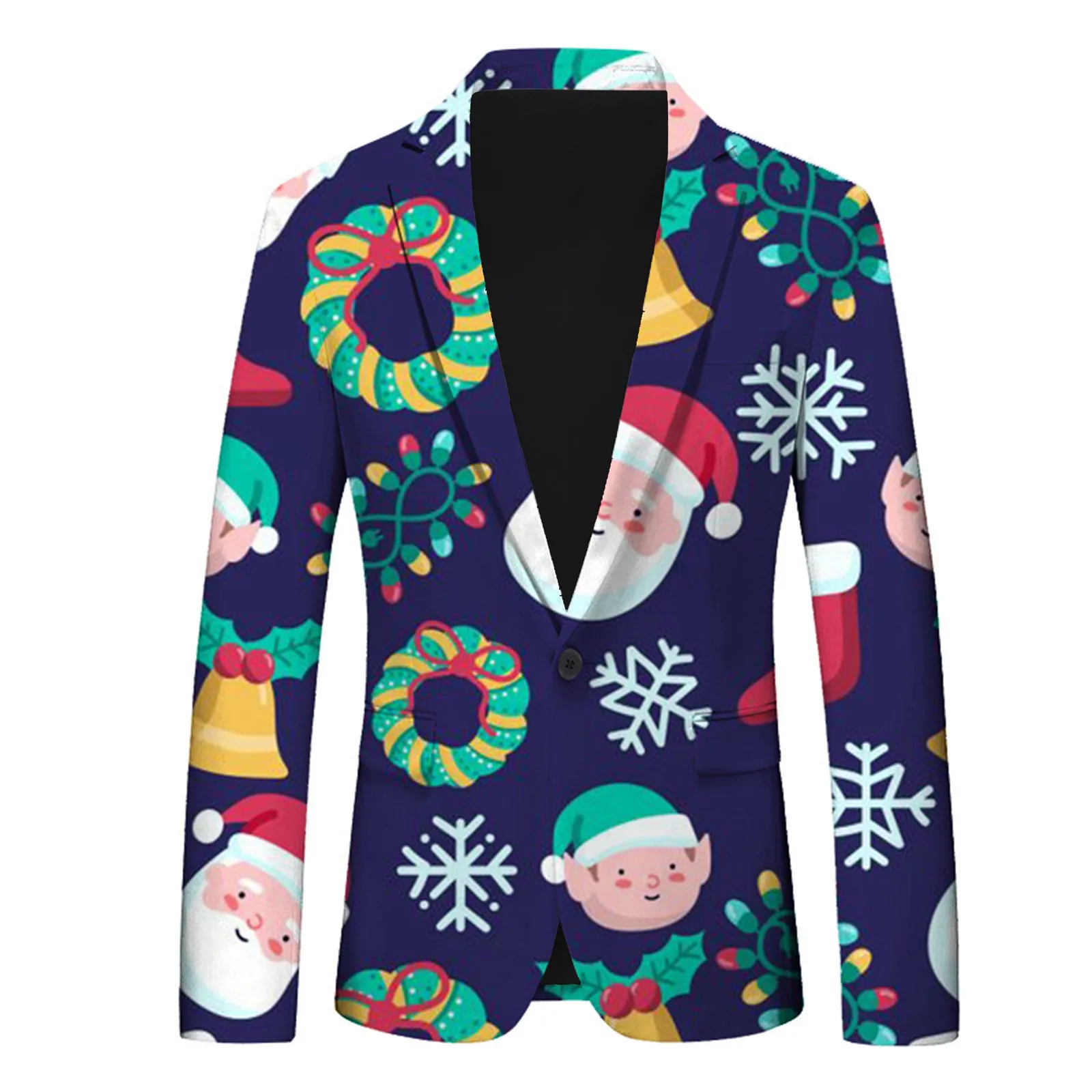 Men's Fashionable Christmas Snowflake Printing Suits With Pocket Lapel Long Sleeve Button Up Slimming Fit Casual Blazer Coats