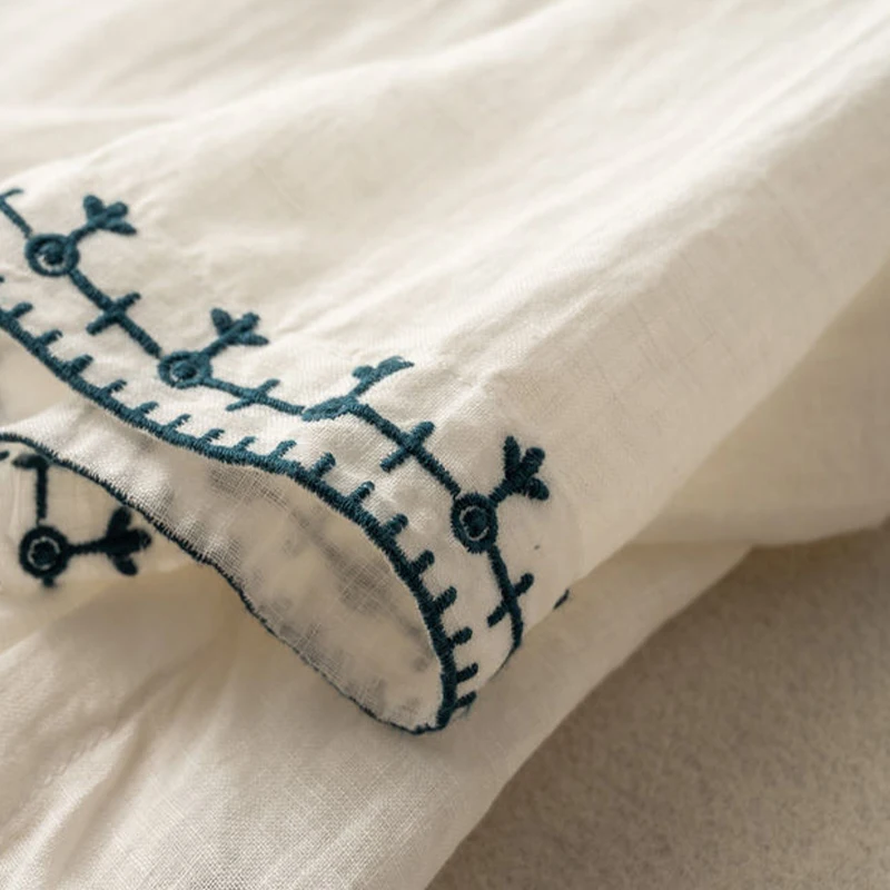 女性の刺繍入りコットンリネンTシャツ,ルーズトップス,通気性,芸術的,ヴィンテージ,カジュアル,ファッショナブル,夏,2024