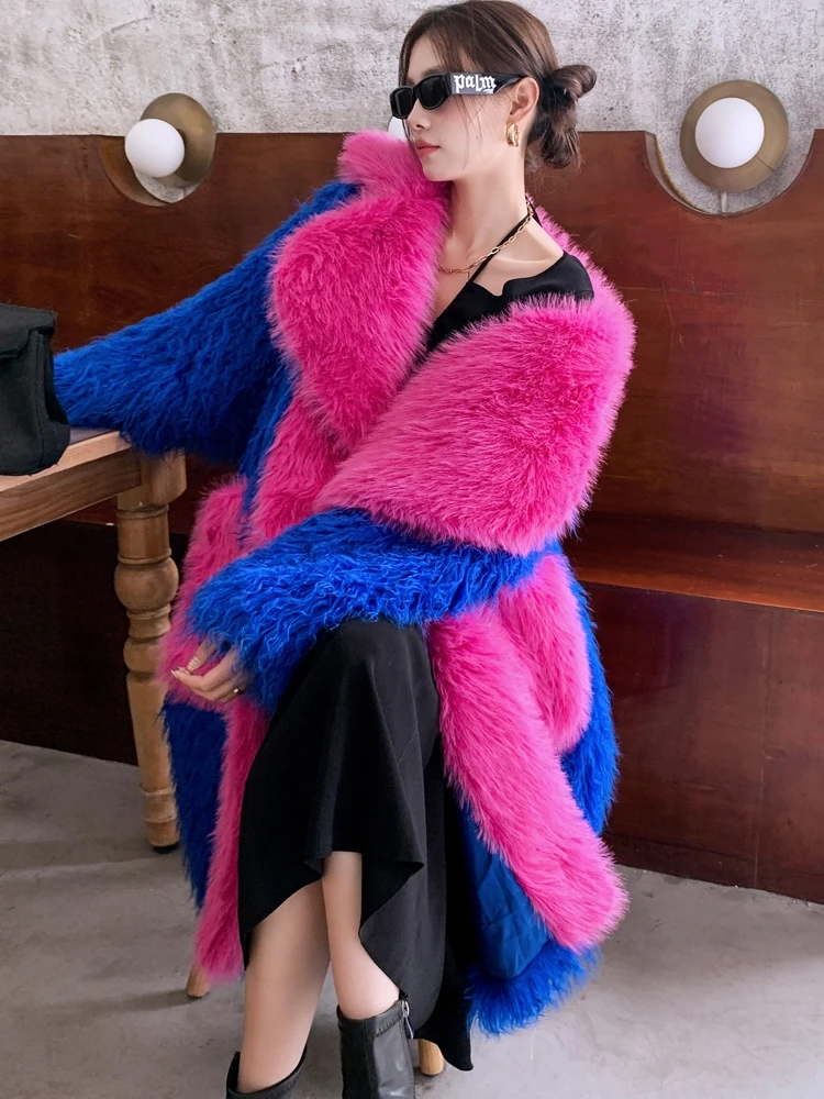 Original Design Royal Blue and Rose Red Faux Fur Coat Female Eco-friendly Long Jacket Lady Shaggy Outerwear Women\'s Winter Coats