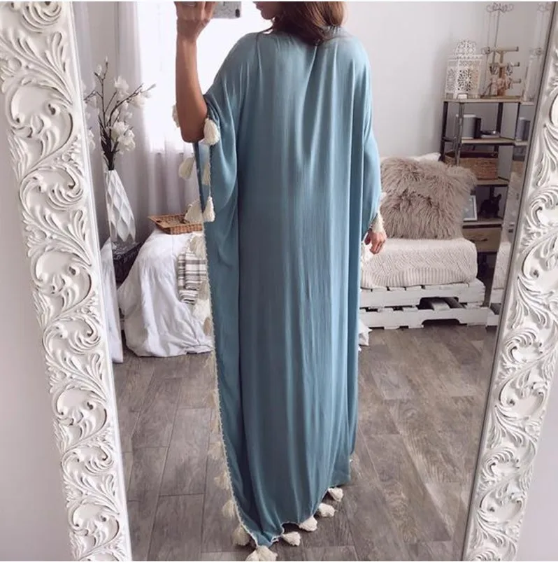 Women Loose Tassel Ruffer Long Dress Elegants Caual Short Sleeve Beach Dress Spring Summer Spring Muslim Moroccan Kaftan Dress