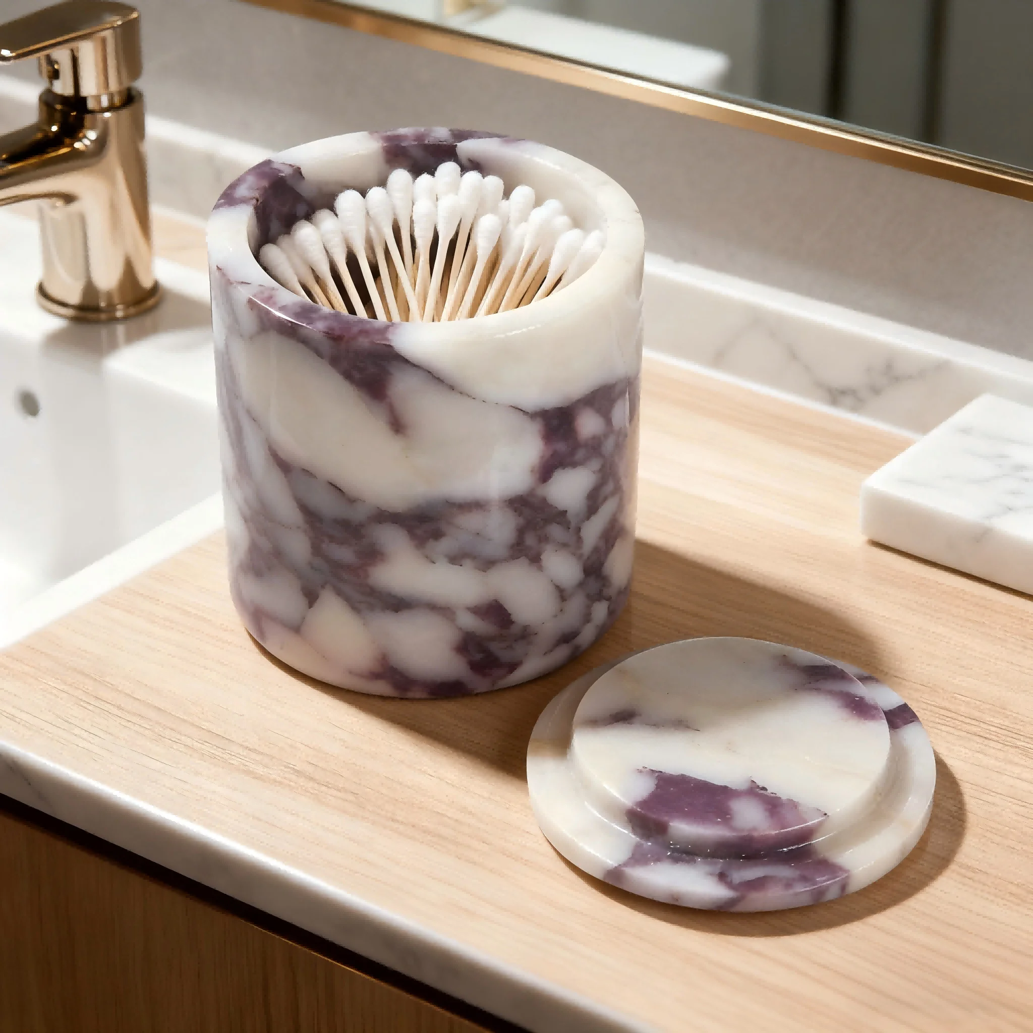 

Натуральная мраморная банка для хранения Calacatta Viola с крышкой, круглая емкость-органайзер для кистей для макияжа, украшений и аксессуаров для ванной комнаты