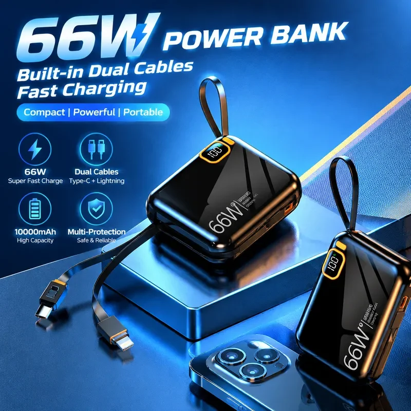 for Power Bank 20000mAh 66W Super Fast Charging with Built in Cable Mini Compact Portable Mobile Phone External Battery Pack