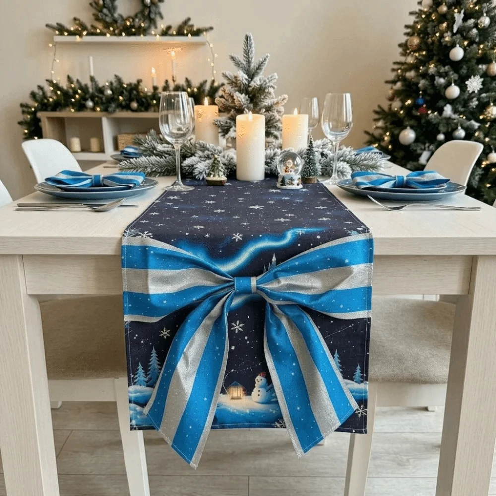 Gift Bow Christmas Table Runner Snowflake Snowman Christmas Table Flag Desk Decor Printed Xmas Tablecloth Living Room