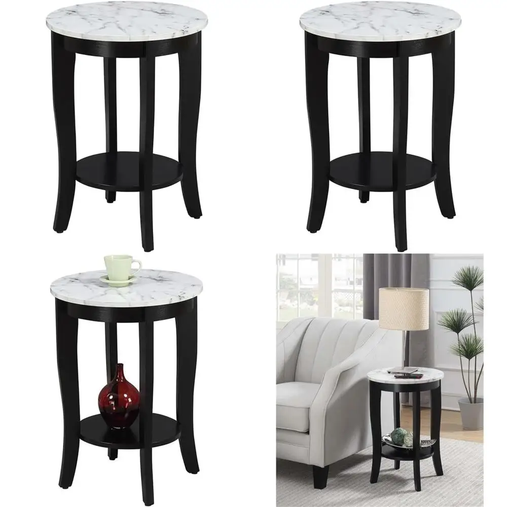

Round End Table with White Marble Look / Black Base