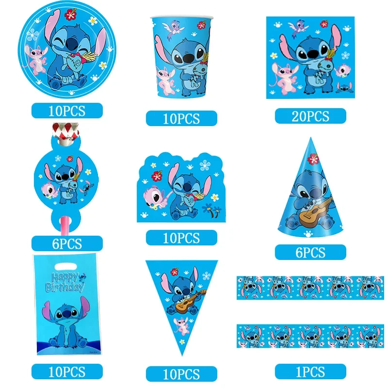 Decoración de cumpleaños de Disney Stitch, vajilla temática de Lilo Stitch azul, suministros de globos, taza, plato, servilleta, Baby Shower para