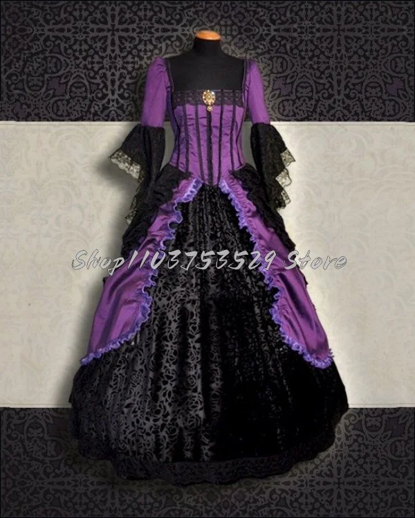 Fantasy Black Purple Victorian Prom Dresses Renaissance Gothic Square Neck Rhinestone Half Sleeve Tiered Lace Party Dresses