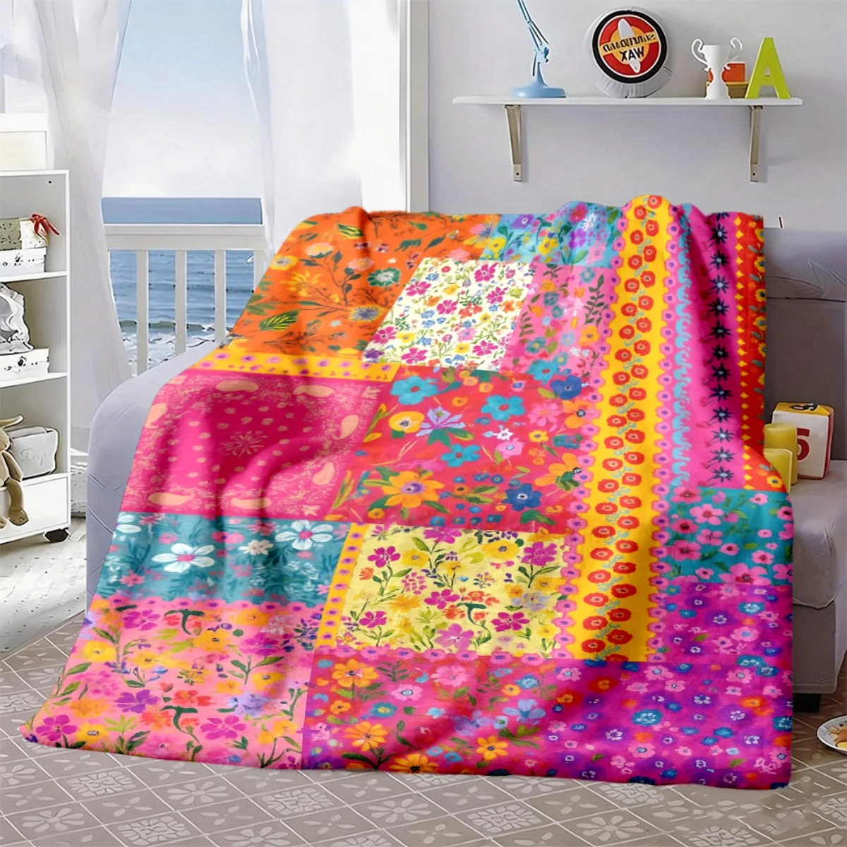 Bohemian Patchwork Flower Flannel Blanket, Colorful Spliced Floral Art Throw for Living Room Bedroom & Warm Holiday Gift Picks