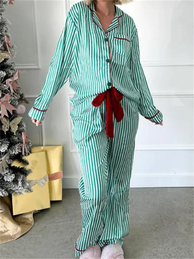 CHRONSTYLE Women 2pcs Christmas Striped Print Pajama Sets Long Sleeve Buttons Up Shirts Tops with Elastic Waist Pants Sleepwear