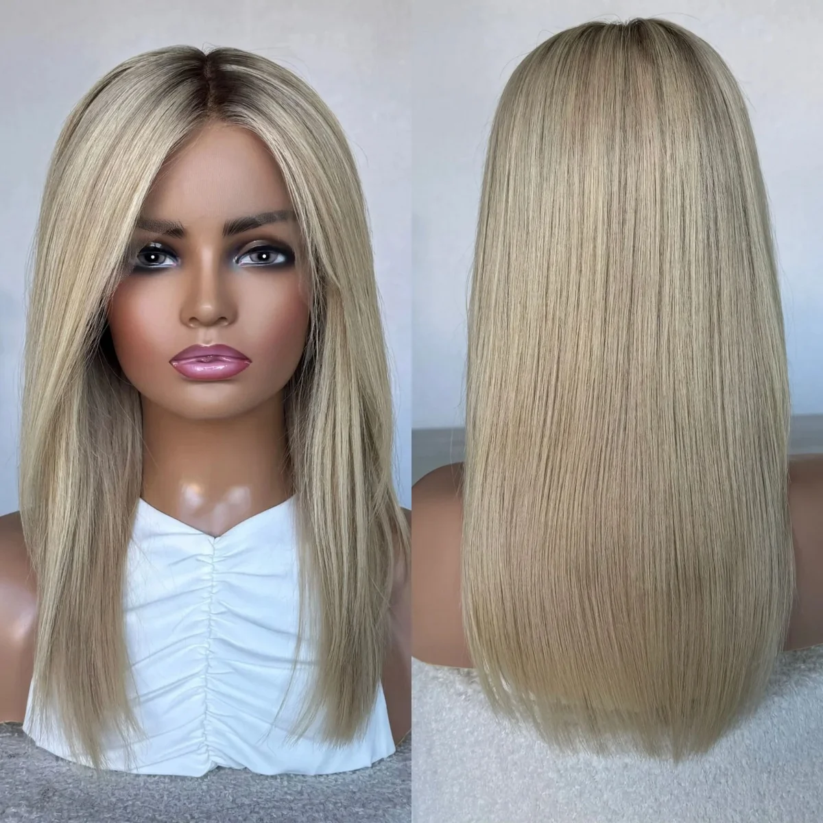 16 Inches Natural Straight Wigs Shoulder Shadow Roots 13*4 Creamy Blonde 180% High Density Women's Wig Daily Party Cosplay Use