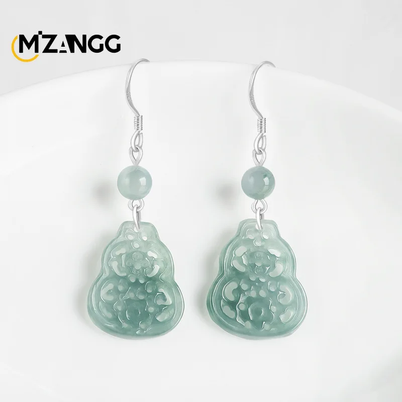 Natural A Goods Emerald Blue Water Gourd Earrings S925 Silver Inlaid Ice Kind of Exquisite Antique Women's Earrings Gift