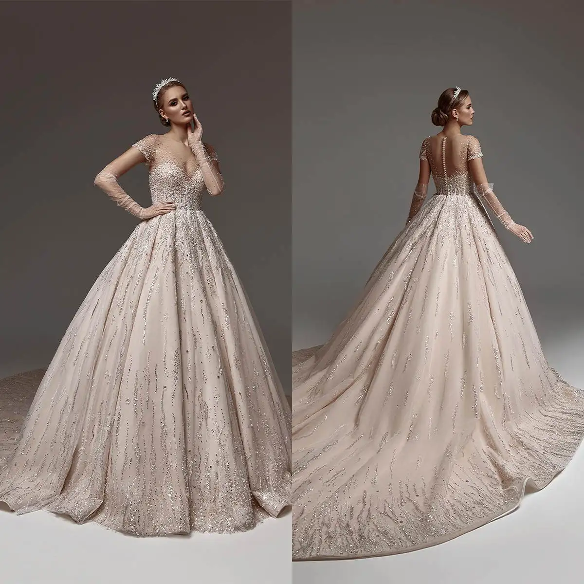 

Sparkly Crystals A Line Bridal Gowns Jewel Sleeveless Chapel Length Wedding Dresses Sequins Beaded Formal Occasion Custom Made