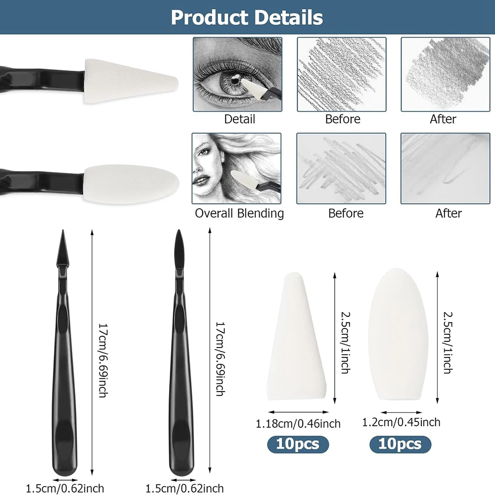 A73P 48 PCS Sketch Drawing Tools, 20 Blending Stumps Set & 2 Sandpaper Pencil Sharpeners, Pencil Extension, Erasers