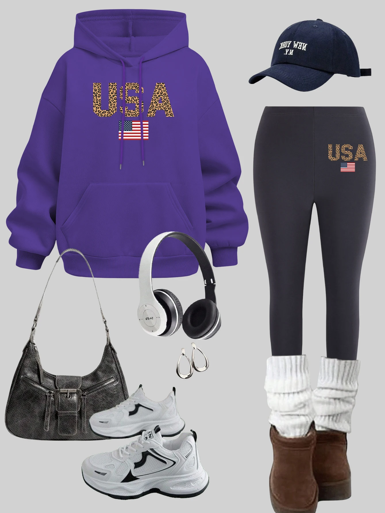 Usa American Flag Pattern Hoodies Set Women Y2K Thicken Warm leggings Casual Pocket Pullover Autumn Fleece Woman Sportswear