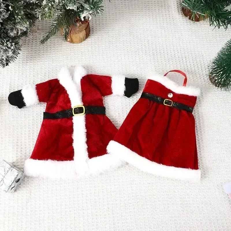2PCS Christmas Wine Bottle Cover Velvet Dress Clothes Set Wine Bottle Ornaments Bag Xmas Party Dinner Table Decoration Gifts