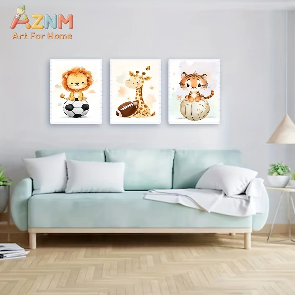 AZNM Sport Safari Animal Canvas Wall Art Lion Giraffe Tiger With Balls Frameless Canvas Painting Nursery Kids Room Home Decor Po