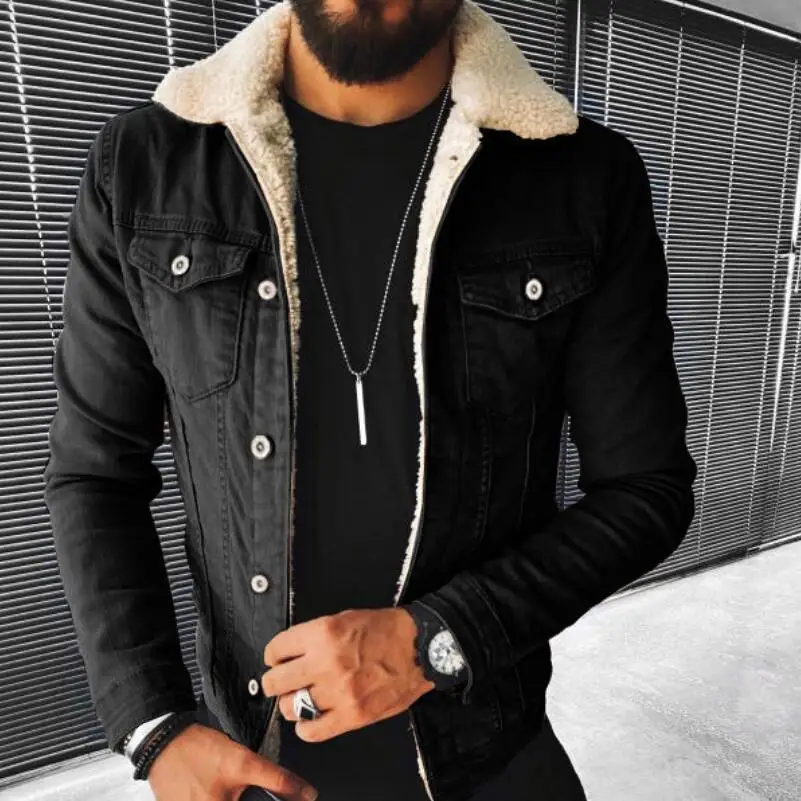 

Men's lamb wool padded Denim Jacket Punk Motorcycle Coat Cotton Jeans Jackets Men Winter Thick Warm Overcoat Tops Outwear w363