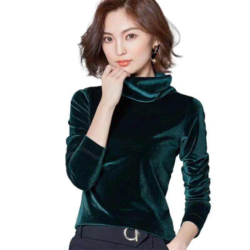 

Autumn Winter Velvet T-Shirts Woman 2024 Casual Turtleneck Tops Solid Color Slimming Blouse Female Velour Shirts blusas mujer